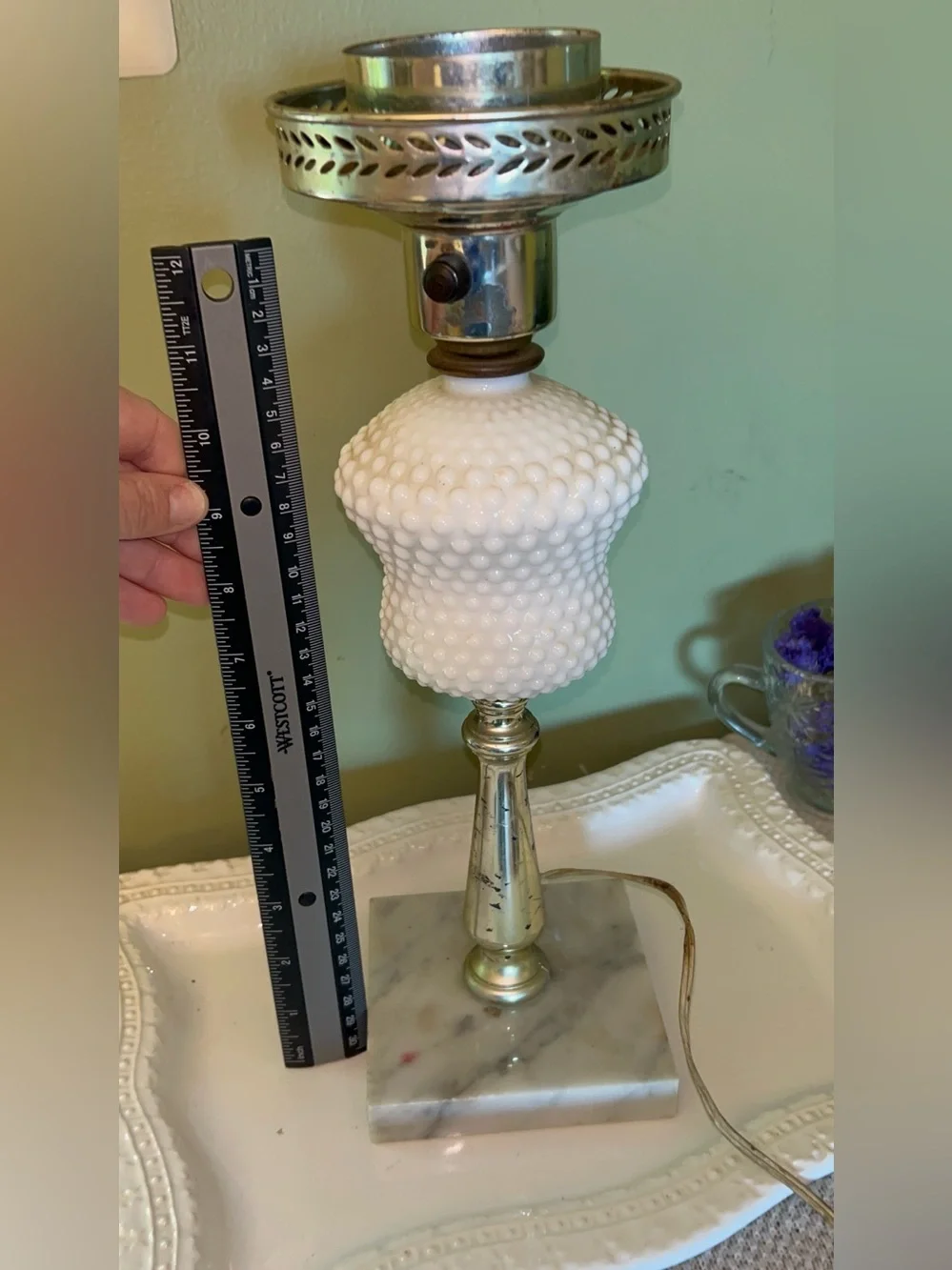 Vintage Hurricane Style Hobnail Milk Glass Table Lamp with a Marble Base